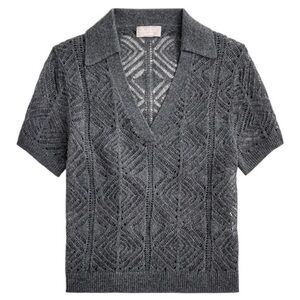 J. Crew Cashmere Lace Pointelle Sweater Polo S Small Gray Short Sleeve Knit Top